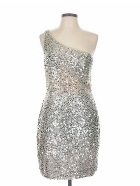 Gianni Bini Silver One-Shoulder Sequin Cocktail Dress
